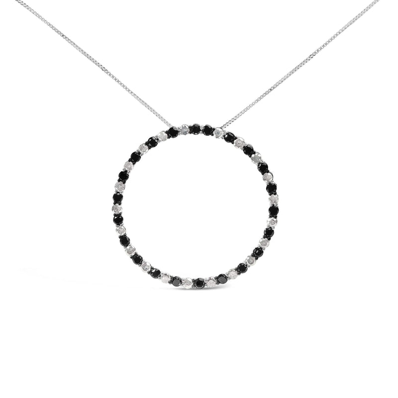 .925 Sterling Silver 3.0 Cttw Alternating Black and White Diamond Open Hoop Circle Pendant Necklace (H-I Color, I3 Clarity) - 18 925 sterling silver necklace with alternating black and white diamond open circle pendant