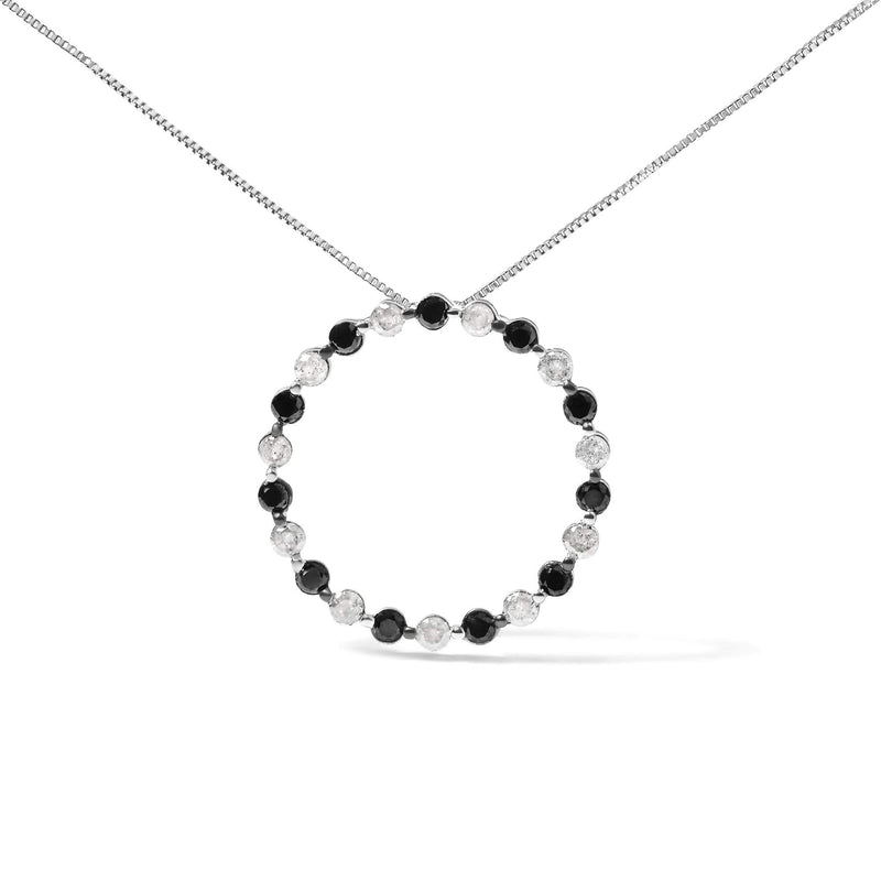 .925 Sterling Silver 1 3/4 Cttw Alternating Black and White Diamond Open Circle Hoop Pendant Necklace (H-I Color, I2-I3 Clarity) - 18 925 sterling silver open circle pendant with black and white diamond stones