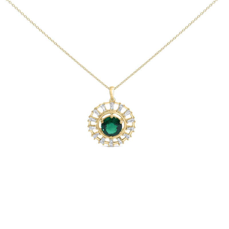 14KT Yellow Gold Plated .925 Sterling Silver Lab Grown Emerald and Baguette Diamond Medallion Pendant Necklace 14KT Yellow Gold Plated .925 Sterling Silver Lab Grown Emerald and Baguette Diamond Medallion Pendant Necklace-0