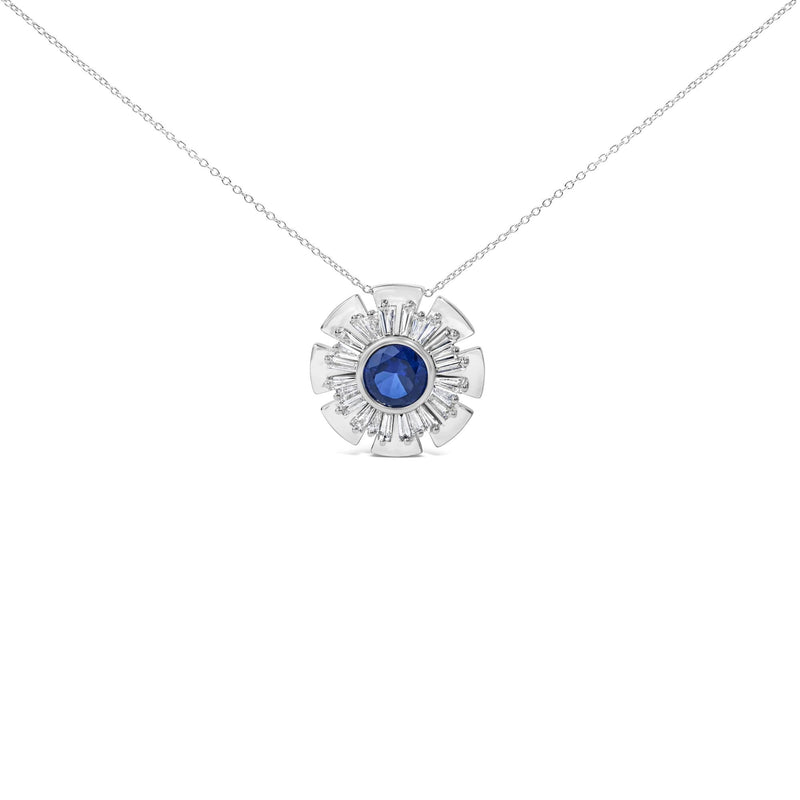 Sterling Silver Lab Grown Blue Sapphire and 1 1/5 Cttw Diamond Sunburst Pendant Necklace Sterling Silver Lab Grown Blue Sapphire and 1 1/5 Cttw Diamond Sunburst Pendant Necklace-0
