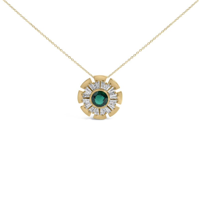 14K Yellow Gold Plated .925 Sterling Silver Lab Grown Emerald and Baguette Diamond Medallion Pendant Necklace 14K Yellow Gold Plated .925 Sterling Silver Lab Grown Emerald and Baguette Diamond Medallion Pendant Necklace-0