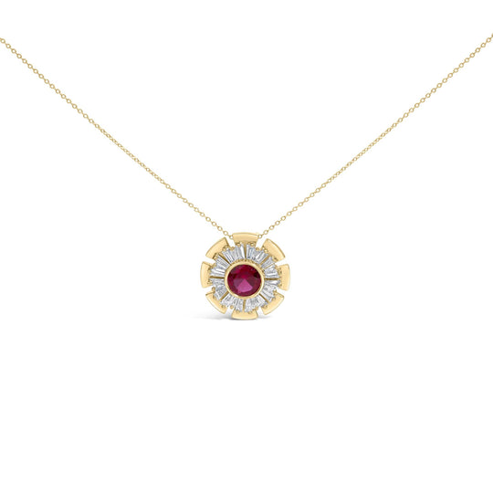 14K Yellow Gold Plated Silver Created Red Ruby and Diamond Baguette Medallion Pendant Necklace-0