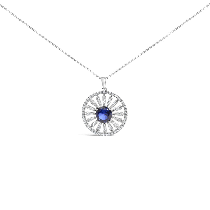Sterling Silver Lab Grown Sapphire and 1.0 Cttw Baguette Diamond Medallion Pendant Necklace Sterling Silver Lab Grown Sapphire and 1.0 Cttw Baguette Diamond Medallion Pendant Necklace-0