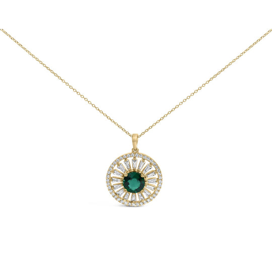 14K Yellow Gold Plated Sterling Silver Lab Grown Emerald and Diamond Sunburst Medallion Pendant Necklace-0