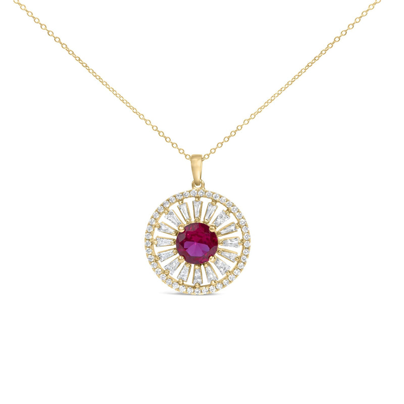 14K Yellow Gold Plated Sterling Silver Lab Grown Ruby and Diamond Sunburst Medallion Pendant Necklace 14K Yellow Gold Plated Sterling Silver Lab Grown Ruby and Diamond Sunburst Medallion Pendant Necklace-0
