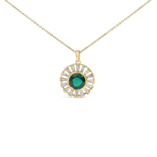 14K Yellow Gold Plated Sterling Silver Lab Grown Emerald and Baguette Diamond Sunburst Medallion Pendant Necklace-0
