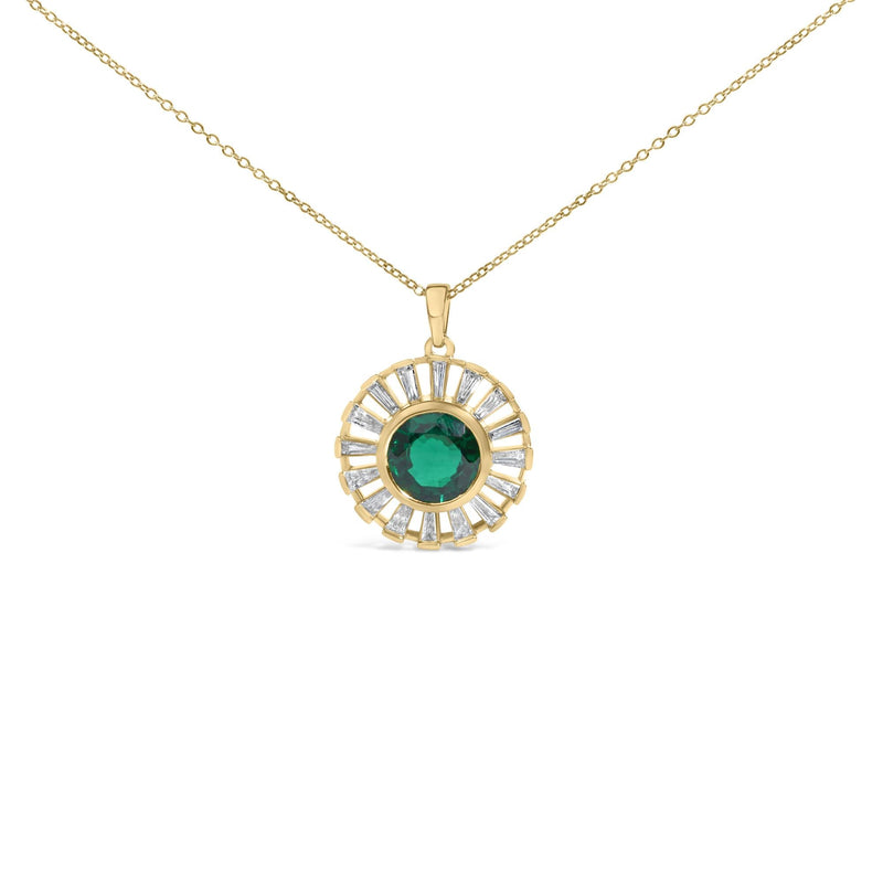 14K Yellow Gold Plated Sterling Silver Lab Grown Emerald and Baguette Diamond Sunburst Medallion Pendant Necklace 14K Yellow Gold Plated Sterling Silver Lab Grown Emerald and Baguette Diamond Sunburst Medallion Pendant Necklace-0