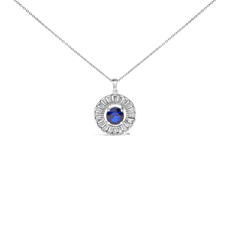 Sterling Silver Lab Grown Sapphire and Baguette Diamond Medallion Pendant Necklace Sterling Silver Lab Grown Sapphire and Baguette Diamond Medallion Pendant Necklace-0