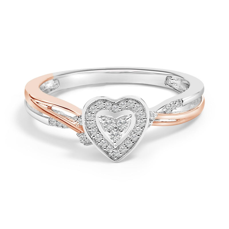 14K Rose Gold Plated Sterling Silver 1/10 Cttw Diamond Heart Motif Ring 14K rose gold ring with heart-shaped diamond stones in a heart motif