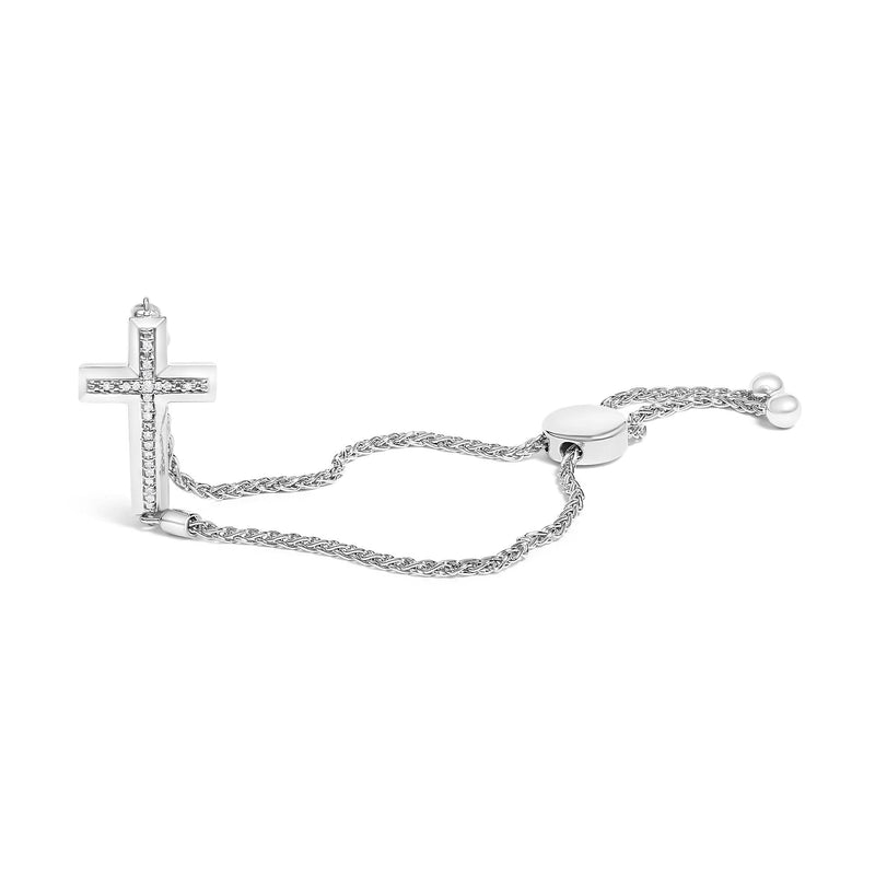 .925 Sterling Silver Diamond Accent Cross Bolo Bracelet (I-J Color, I1-I2 Clarity) - 7 925 sterling silver cross bolo bracelet with diamond accent stones