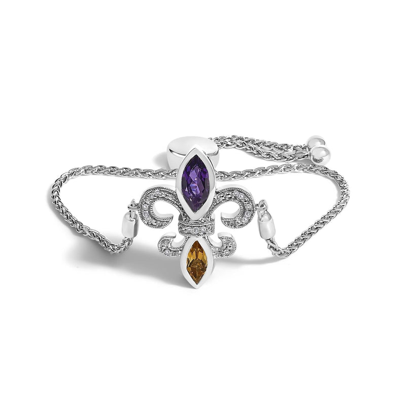 .925 Sterling Silver Marquise Purple Amethyst, Orange Citrine, and Diamond Accent Lariat 4”-10” Fleur De Lis Adjustable Bolo Bracelet (I-J Color, I1-I2 Clarity) 925 sterling silver bolo bracelet with marquise amethyst, citrine, and diamond accents