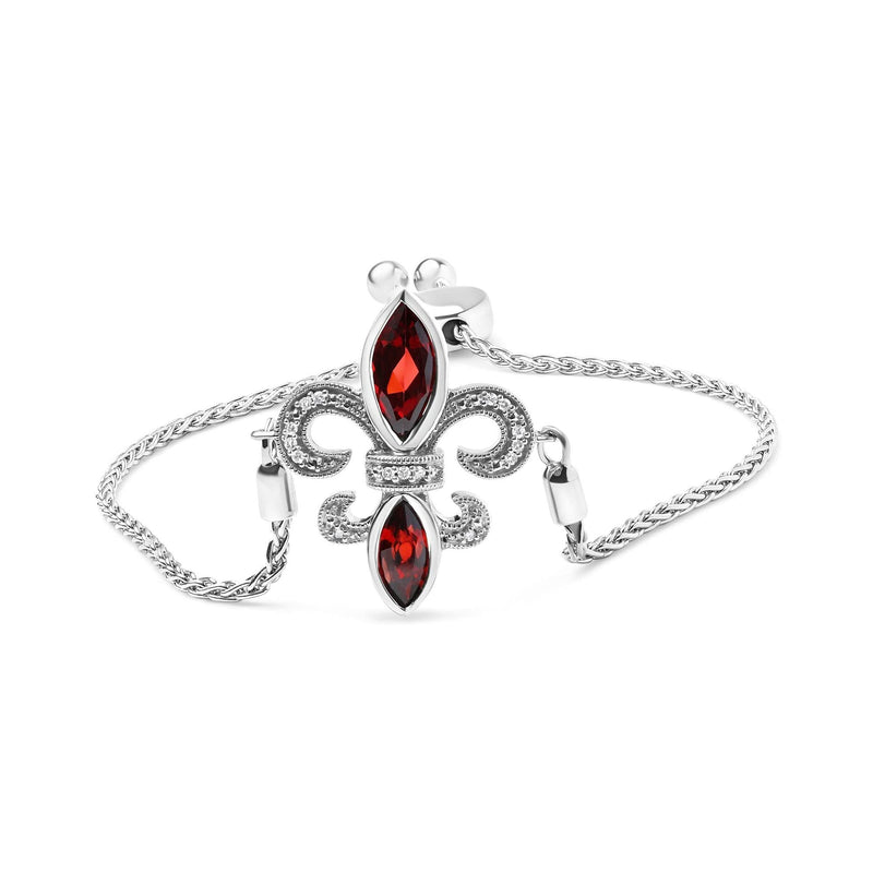 .925 Sterling Silver Marquise Garnet and Diamond Accent Lariat 4”-10” Fleur De Lis Adjustable Bolo Bracelet (H-I Color, SI1-SI2 Clarity) 925 sterling silver bolo bracelet with marquise garnet and diamond accents