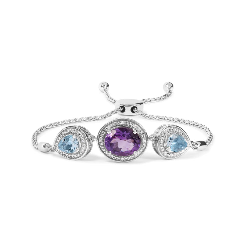 .925 Sterling Silver Oval Amethyst and Pear Blue Topaz with Diamond Accent Lariat 4”-10” Adjustable Bolo Bracelet (H-I Color, SI1-SI2 Clarity) 925 sterling silver bolo bracelet with oval amethyst, pear blue topaz, and diamond accent