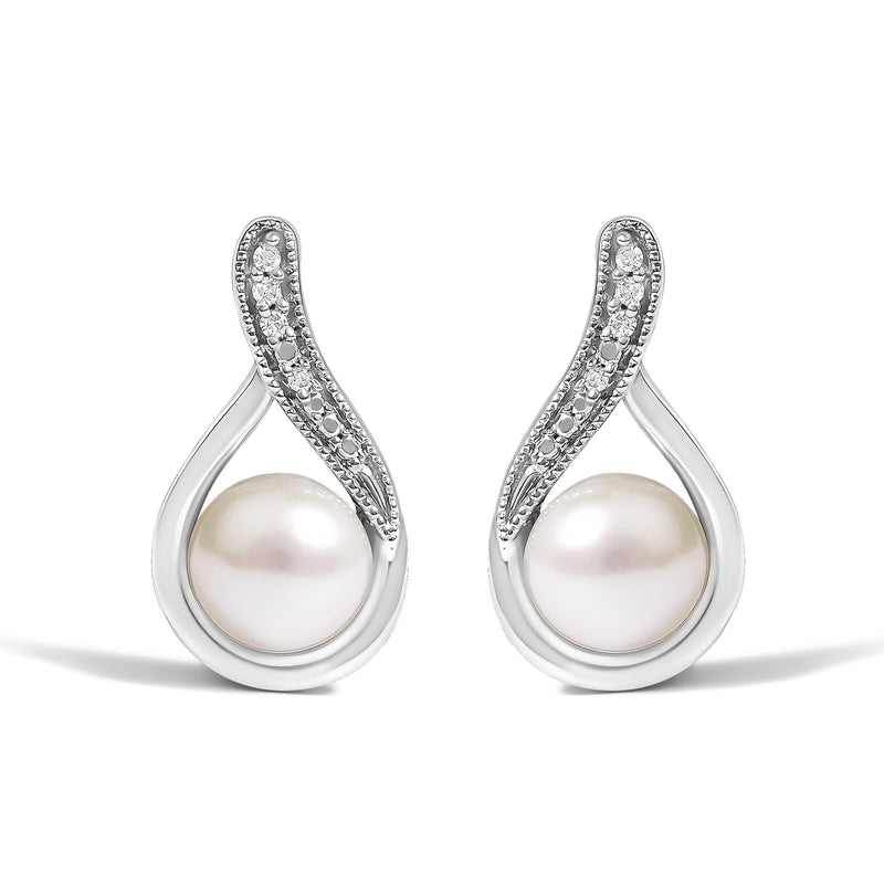 Sterling Silver White Freshwater Cultured Pearl and Diamond Accent Teardrop Stud Earrings