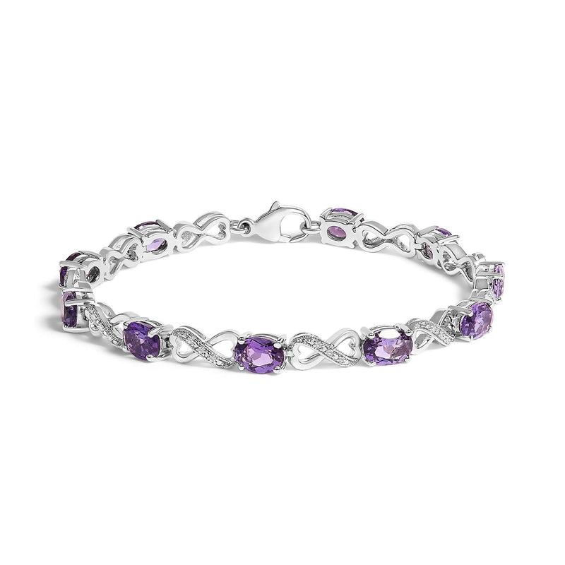 .925 Sterling Silver Oval Purple Amethyst and Diamond Infinity Link Bracelet (I-J Color, I1-I2 Clarity) - 7 925 sterling silver bracelet with oval amethyst and diamond infinity links