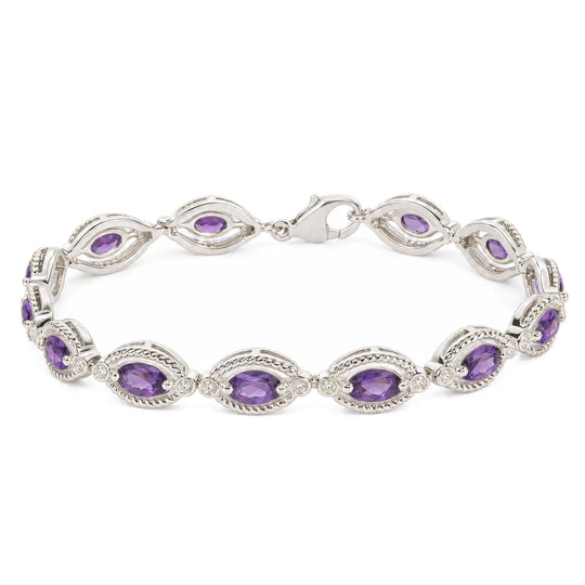 Sterling Silver Oval Purple Amethyst and 1/10 Cttw Diamond Link Bracelet