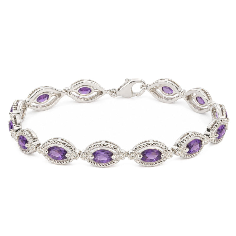 Sterling Silver Oval Purple Amethyst and 1/10 Cttw Diamond Link Bracelet