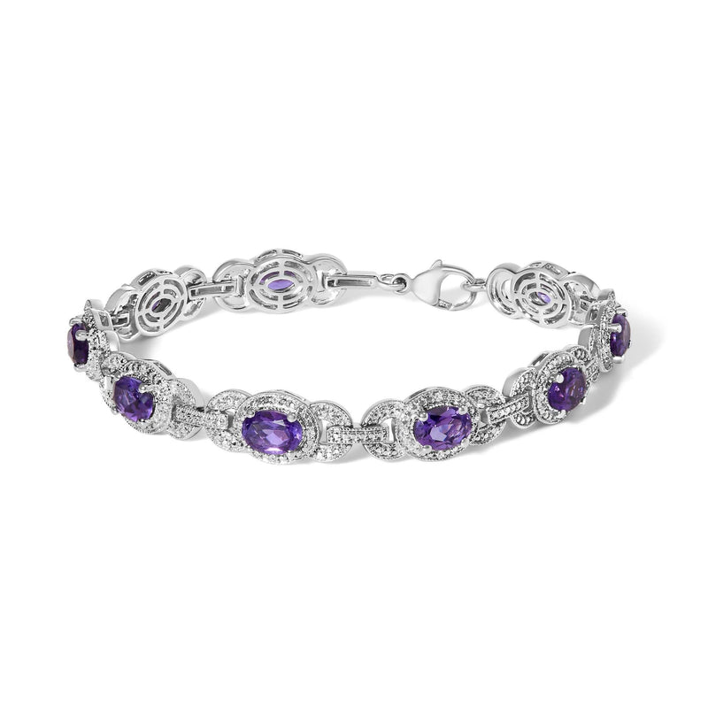 Sterling Silver Oval Purple Amethyst and Diamond Interlocking Halo Link Bracelet Sterling silver bracelet with oval purple amethyst stones in diamond halo links