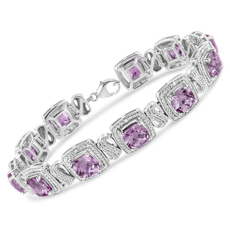 .925 Sterling Silver 7x7 mm Cushion Cut Purple Amethyst and 1/10 cttw Round Cut Diamond Square Shape Tennis Bracelet (I-J Color, I1-I2 Clarity) - 7 925 sterling silver bracelet with cushion amethyst and round diamond stones