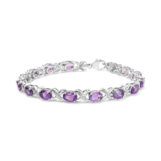 .925 Sterling Silver 7x5mm Oval Amethyst and Diamond Accent X-Link Bracelet (H-I Color, SI1-SI2 Clarity) - Size 7"-0