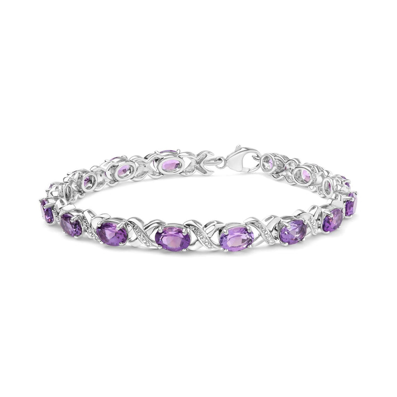 .925 Sterling Silver 7x5mm Oval Amethyst and Diamond Accent X-Link Bracelet (H-I Color, SI1-SI2 Clarity) - Size 7 925 sterling silver bracelet with oval amethyst and diamond accent X-links