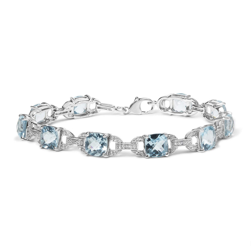 .925 Sterling Silver 7x7 mm Cushion Cut Blue Topaz and 1/20 cttw Round Cut Diamond Fashion Tennis Bracelet (I-J Color, I1-I2 Clarity) - 7 925 sterling silver bracelet with round diamond and cushion blue topaz stones
