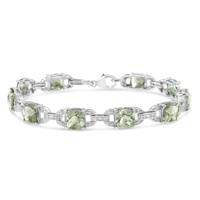 .925 Sterling Silver 7x7 mm Cushion Cut Green Amethyst and 1/20 cttw Round Cut Diamond Fashion Tennis Bracelet (I-J Color, I1-I2 Clarity) - 7 925 sterling silver bracelet with round diamonds and cushion green amethyst stones