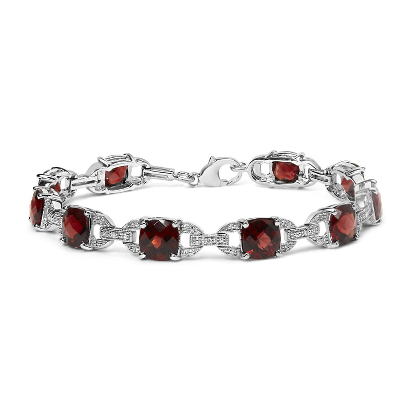 .925 Sterling Silver 7x7mm Checkered Cushion Red Garnet and Diamond Accent Fashion Tennis Link Bracelet (I-J Color, I1-I2 Clarity) - Size 7 925 sterling silver bracelet with cushion red garnet and round diamond accent stones