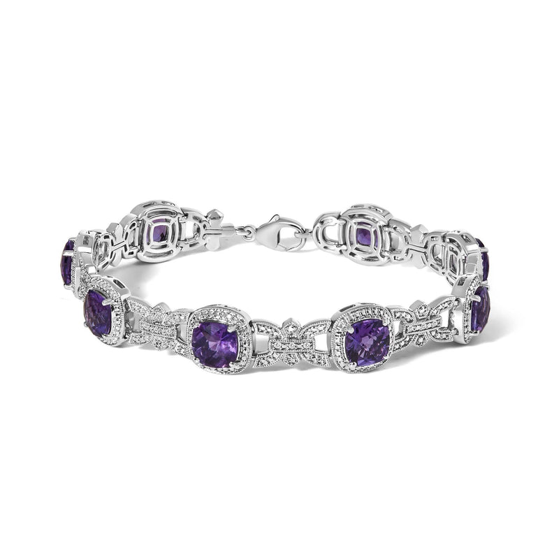 Silver Cushion-Cut Purple Amethyst & Diamond Vintage Halo Link Bracelet Silver bracelet with cushion-cut amethyst and diamond halo link stations
