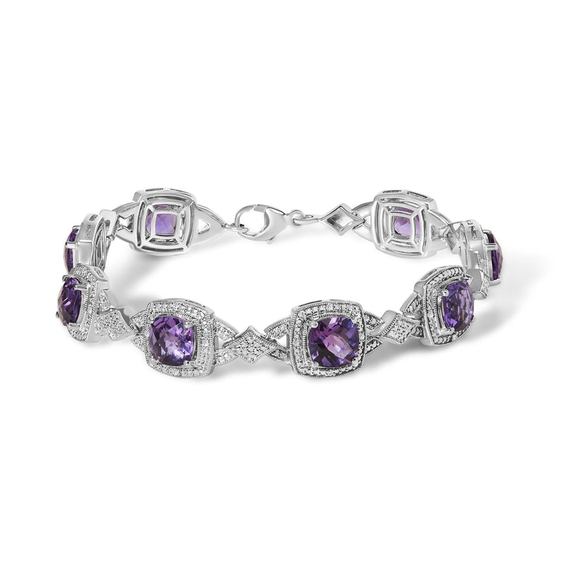 Sterling Silver Cushion-Cut Purple Amethyst & Diamond Vintage Halo Link Bracelet Sterling Silver Cushion-Cut Purple Amethyst & Diamond Vintage Halo Link Bracelet-0