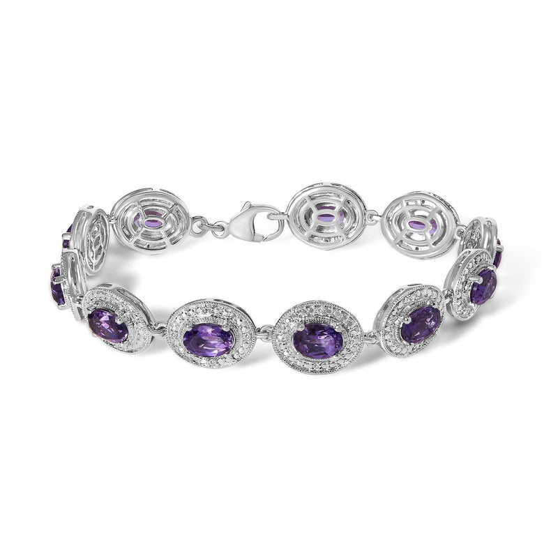 Sterling Silver 5x7 MM Oval Purple Amethyst & Diamond Halo Link Bracelet 925 sterling silver bracelet with oval amethyst and diamond halo links