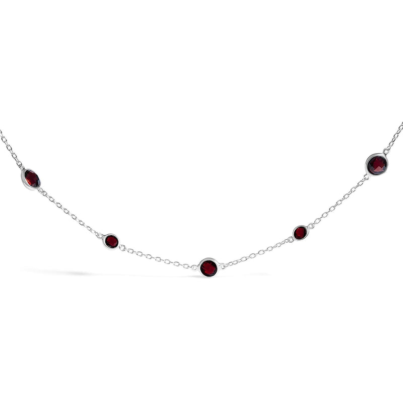 .925 Sterling Silver Checkerboard Cut Red Garnet Bezel Station Necklace - 22 925 sterling silver station necklace with checkerboard-cut red garnet stones