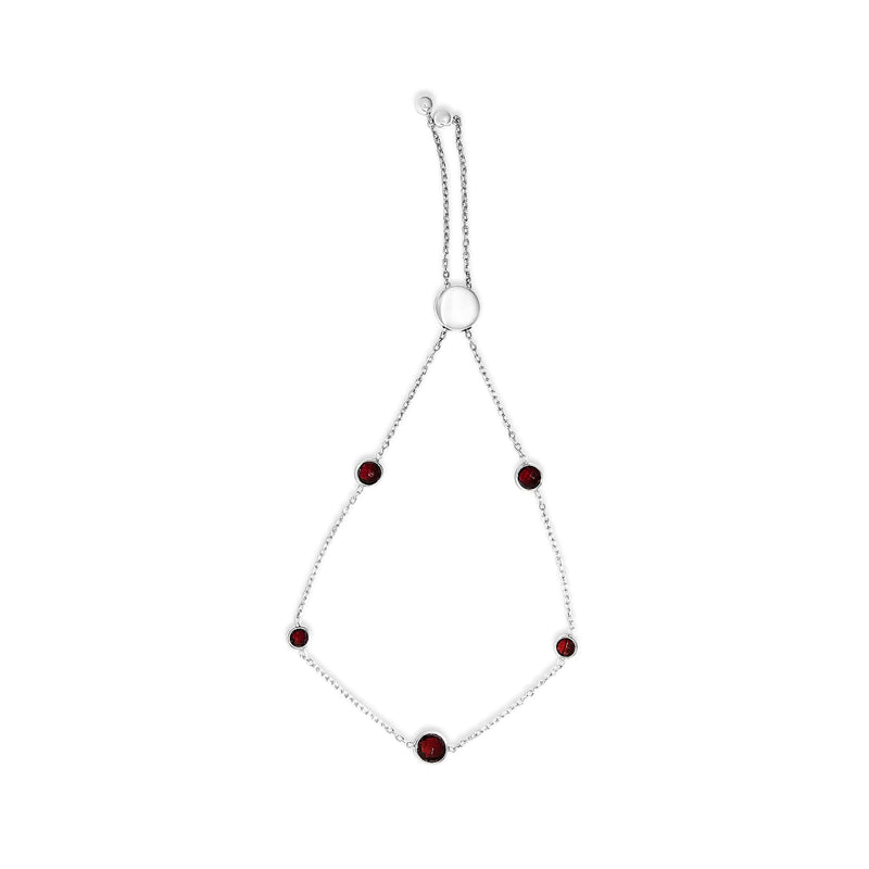 .925 Sterling Silver Bezel Set Red Garnet 5 Station Adjustable Bolo Bracelet 925 sterling silver bolo bracelet with 5 bezel-set red garnet stones