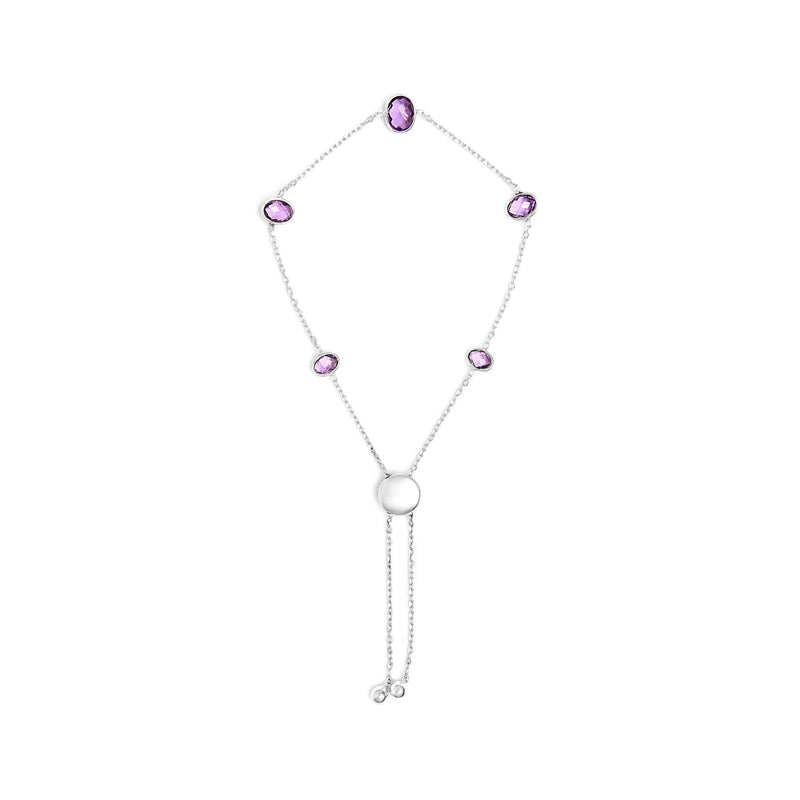 .925 Sterling Silver Bezel Set Purple Amethyst 5 Station Adjustable Bolo Bracelet 925 sterling silver bolo bracelet with 5 bezel-set round amethyst stones