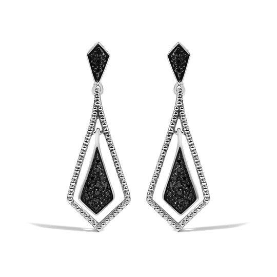 Sterling Silver 1/10 Cttw Black Diamond Beaded Open Kite Dangle Earrings