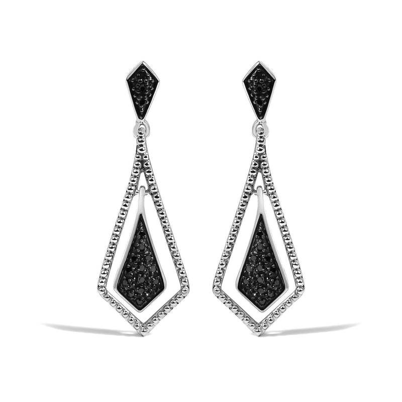 Sterling Silver 1/10 Cttw Black Diamond Beaded Open Kite Dangle Earrings