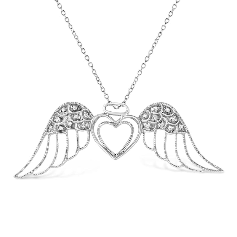 .925 Sterling Silver Pave-Set Diamond Accent Angel Wing 18 925 sterling silver necklace with pave heart diamond accents and angel wing