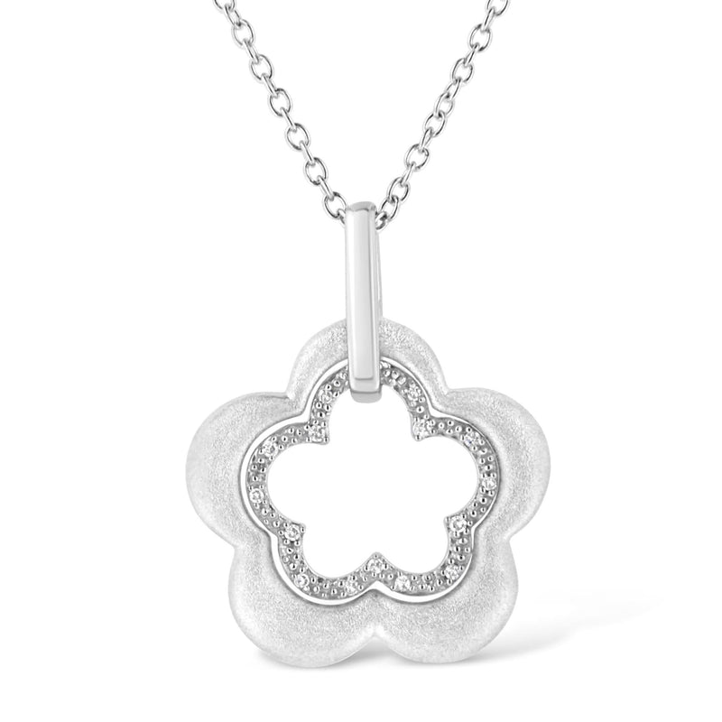 Matte Finished .925 Sterling Silver Diamond Accent Double Flower Shape 18 925 sterling silver double flower pendant necklace with diamond accent stones