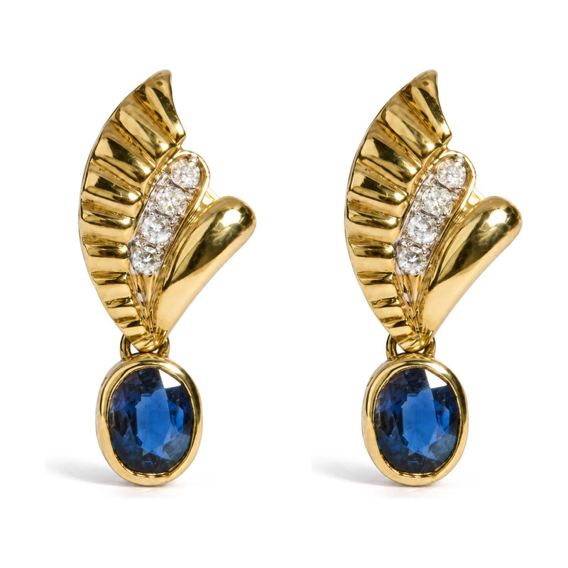 14K Yellow Gold Oval Sapphire and 1/8 Cttw Diamond Leaf Drop Earrings