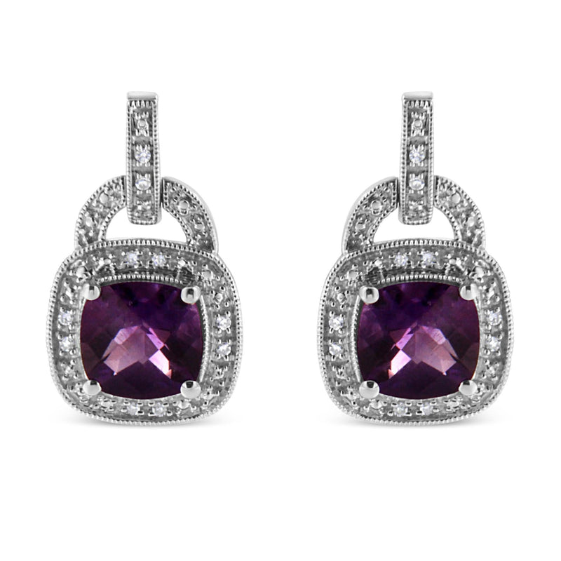 .925 Sterling Silver 8MM Natural Cushion Shaped Amethyst and Diamond Accent Halo with Push Back Dangle Earrings (I-J Color, I2-I3 Clarity) 925 sterling silver earrings with cushion amethyst and diamond halo accents