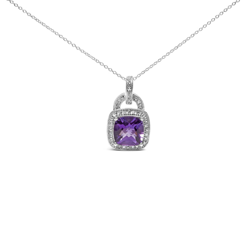 .925 Sterling Silver 10X10 MM Cushion Purple Amethyst and Diamond Accent Halo 18 925 sterling silver necklace with cushion purple amethyst and diamond halo accents