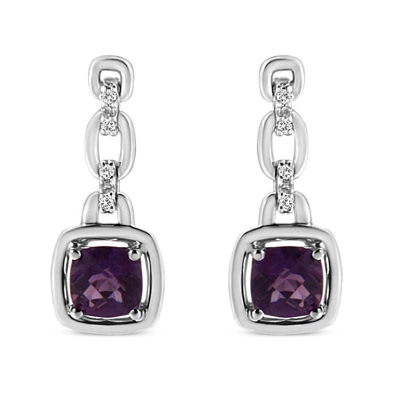 .925 Sterling Silver 6x6MM Cushion Shaped Natural Purple Amethyst and Diamond Accent Drop and Dangle Earrings (I-J Color, I1-I2 Clarity) 925 sterling silver drop earrings with cushion amethyst and diamond accent stones