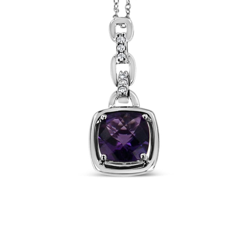 .925 Sterling Silver 6x6MM Cushion Shaped Natural Purple Amethyst and Diamond Accented Bale 18 925 sterling silver necklace with cushion amethyst and diamond accent stones