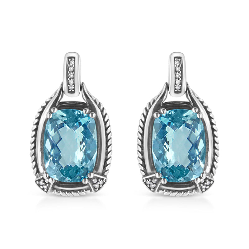 .925 Sterling Silver 14x10MM Cushion Cut Blue Topaz Gemstone and Diamond Accent Dangle Earring (I-J Color, I1-I2 Clarity) 925 sterling silver earrings with cushion blue topaz and diamond accent stones