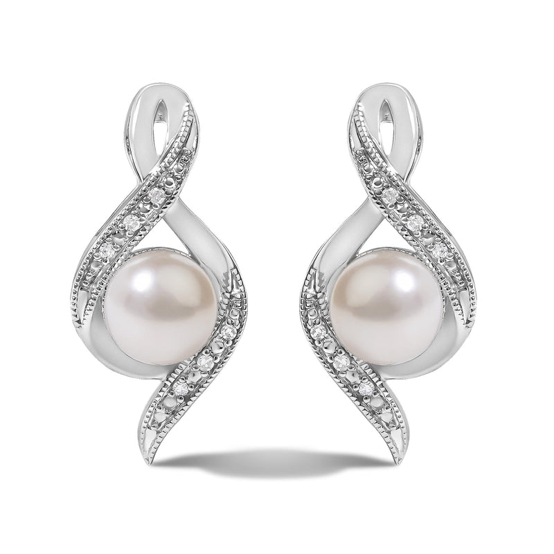 Sterling Silver White Freshwater Cultured Pearl and Diamond Accent Twist Stud Earrings