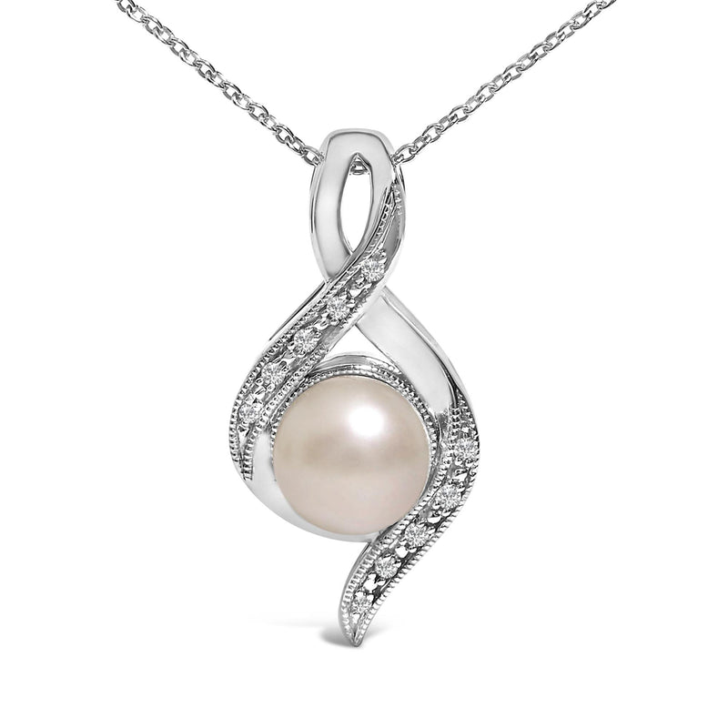 Sterling Silver 7mm Cultured Pearl and Diamond Accent Swirl Pendant Necklace 925 sterling silver necklace with pear diamond accents and cultured pearl swirl pendant