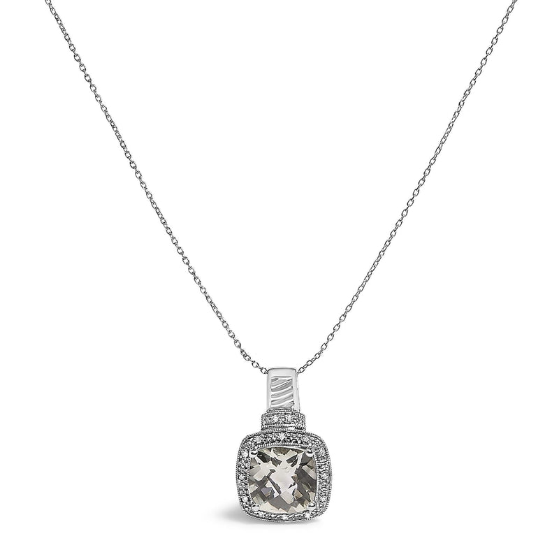 Sterling Silver Cushion Gray Green Amethyst and Diamond Accent Halo Pendant Necklace 925 sterling silver necklace with cushion gray green amethyst and diamond halo