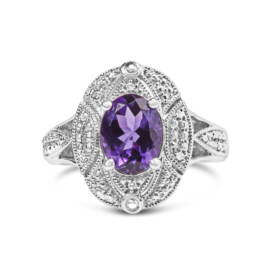 925 sterling silver ring with oval amethyst and round diamond accent stones