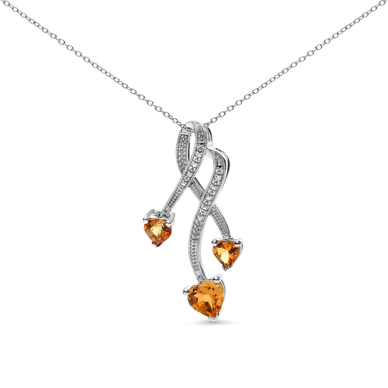 .925 Sterling Silver 3-Stone Heart Shape Citrine and Diamond Accent Spiral Drop 18 925 sterling silver necklace with 3 heart citrine stones and diamond accents