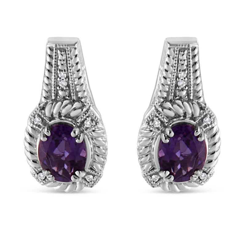 .925 Sterling Silver 8x6 MM Natural Oval Purple Amethyst Gemstone and Diamond Accent Art Deco Style Drop and Dangle Earrings (I-J Color, I1-I2 Clarity) 925 sterling silver drop earrings with oval purple amethyst and diamond accents
